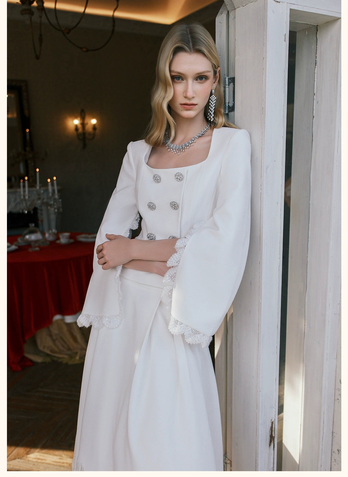 Mirage Vintage Lace-Collar Blazer &amp; Flared Skirt Set
