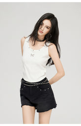 White & Black Butterfly Printed U-neck Tank Top - CHINASQUAD