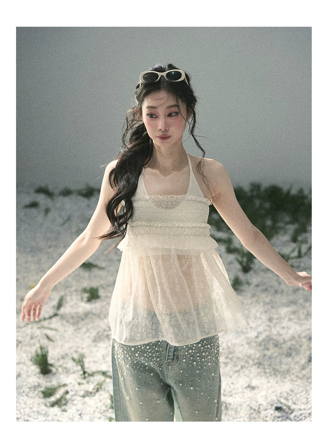 “Shattered Glass Veil” French Sheer Halter Lace Top