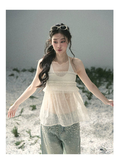 “Shattered Glass Veil” French Sheer Halter Lace Top