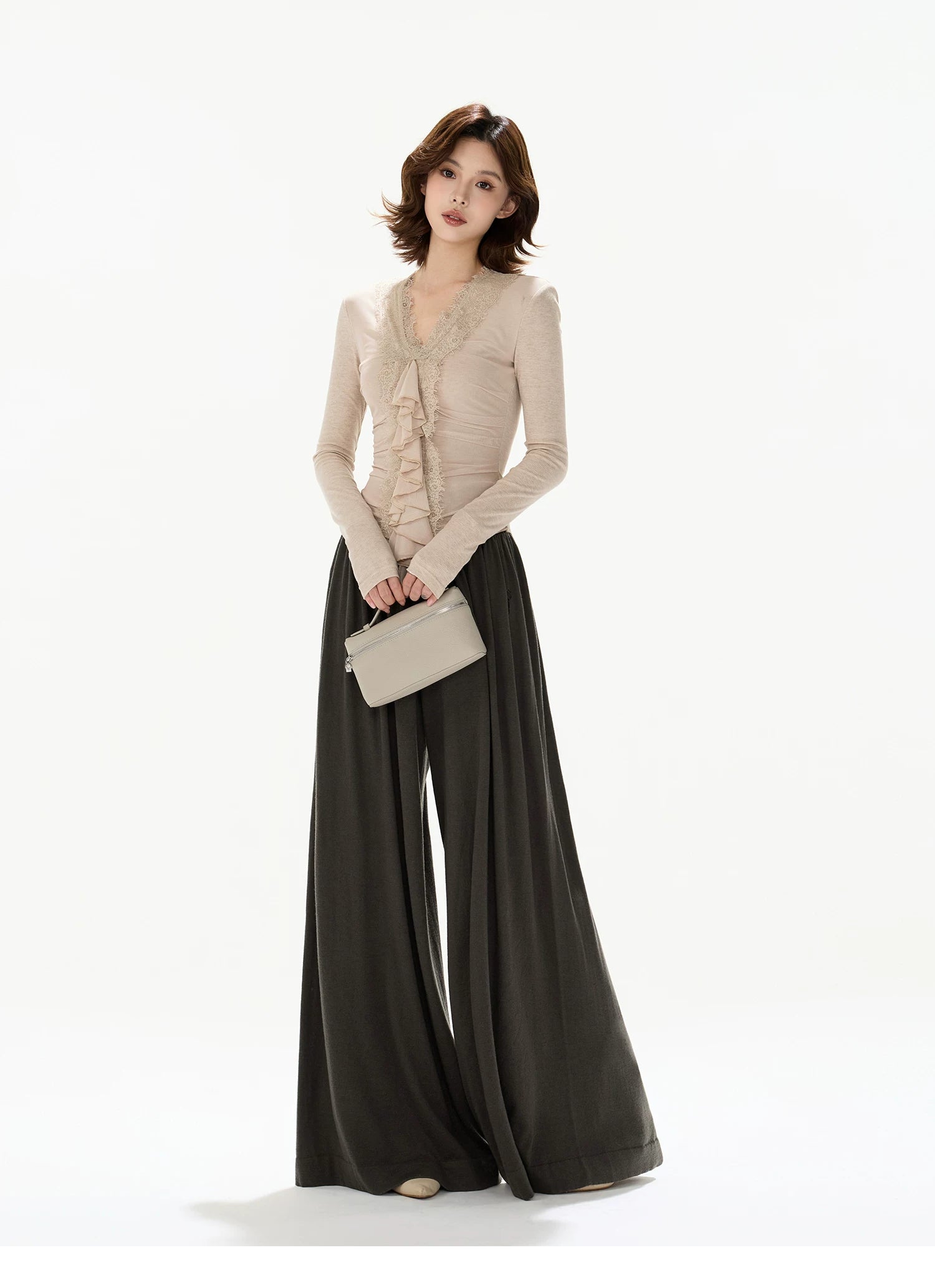 Elegant Lace Ruffle Knit V-Neck Top