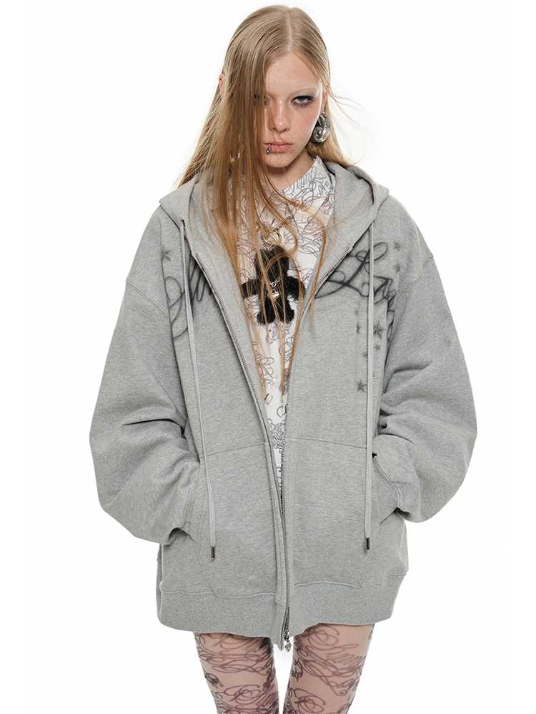 Spray-painted Letter Print Loose Zip-up Hoodie