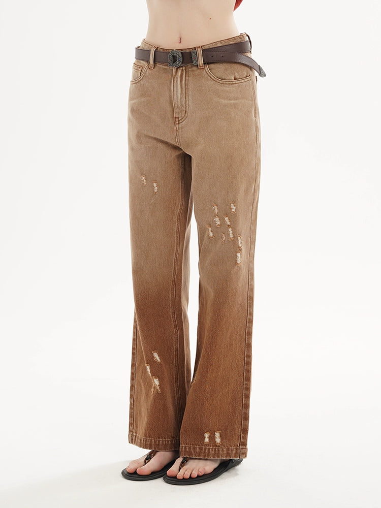 Brown Ripped Denim Bell-bottom Pants - CHINASQUAD