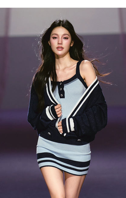 Striped Deep V Knit Dress &amp; Cardigan Set