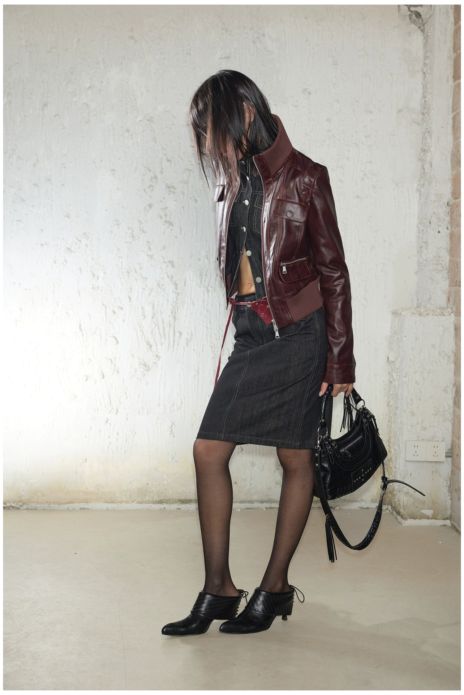 Distressed Cropped Biker Leather Jacket