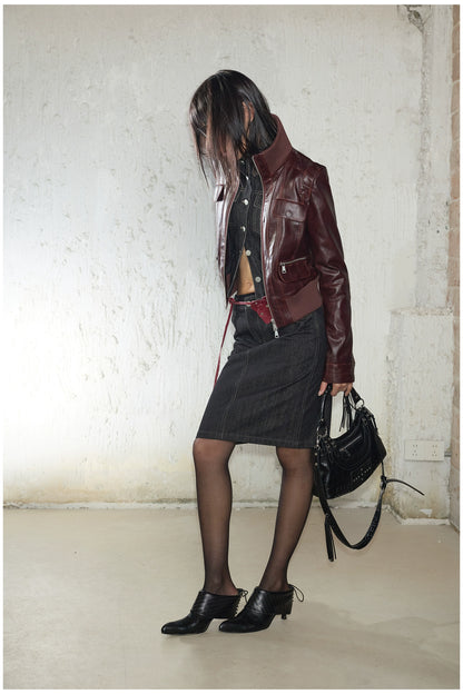 Distressed Cropped Biker Leather Jacket
