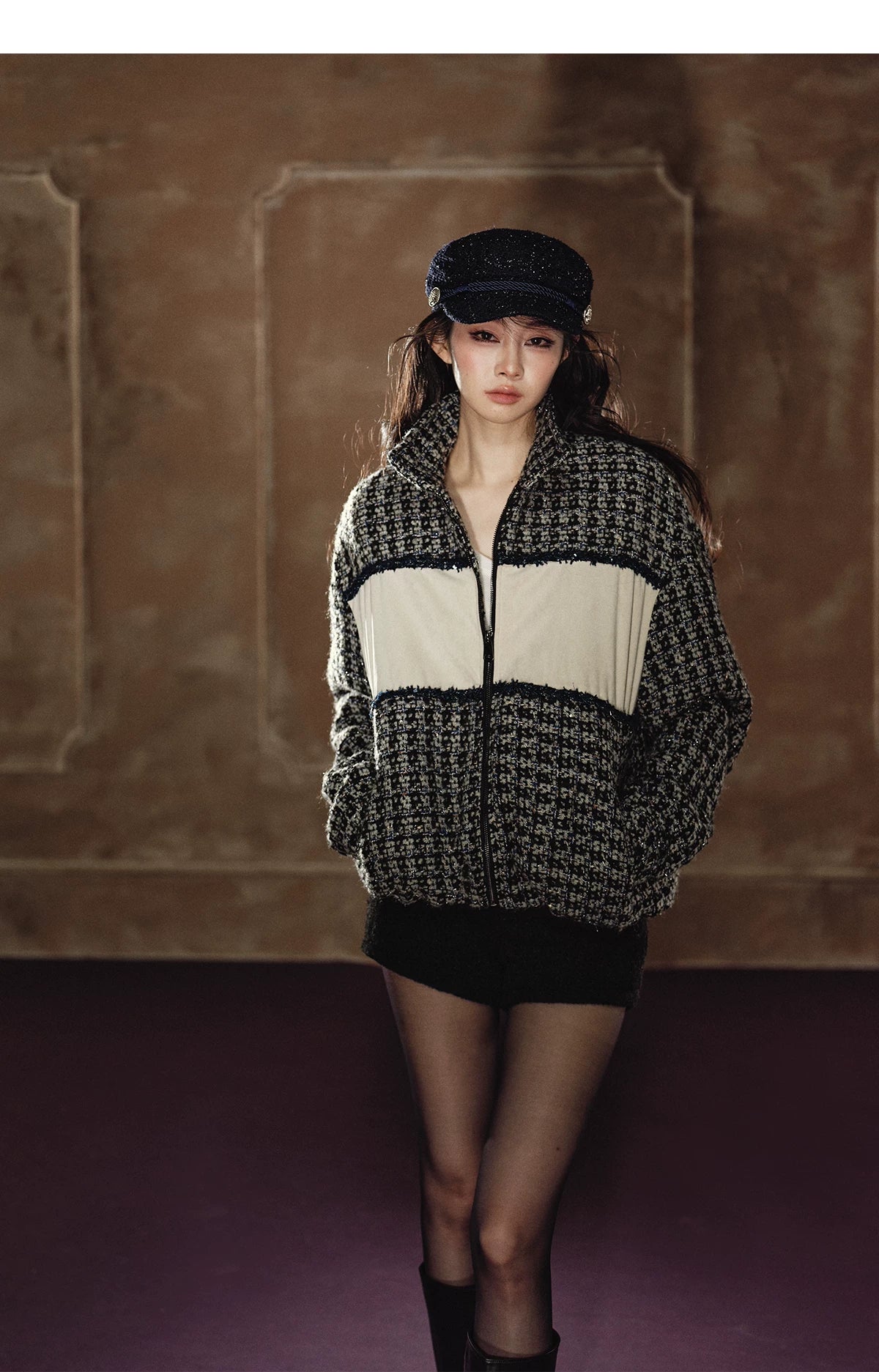 Wool-Blend Colorblock Stand Collar Padded Jacket