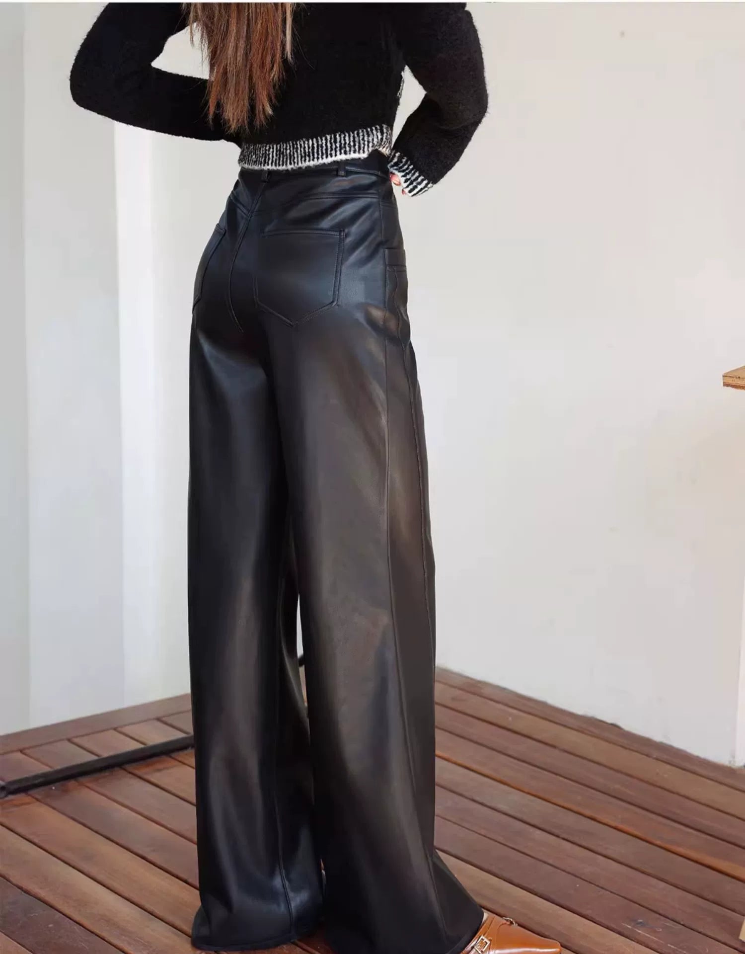 Black Flared Leather Pants - CHINASQUAD