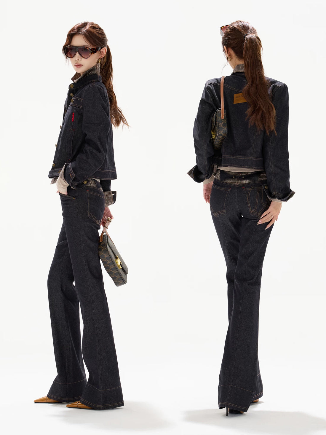 Plaid Mid-Rise Flared Wide-Leg Jeans
