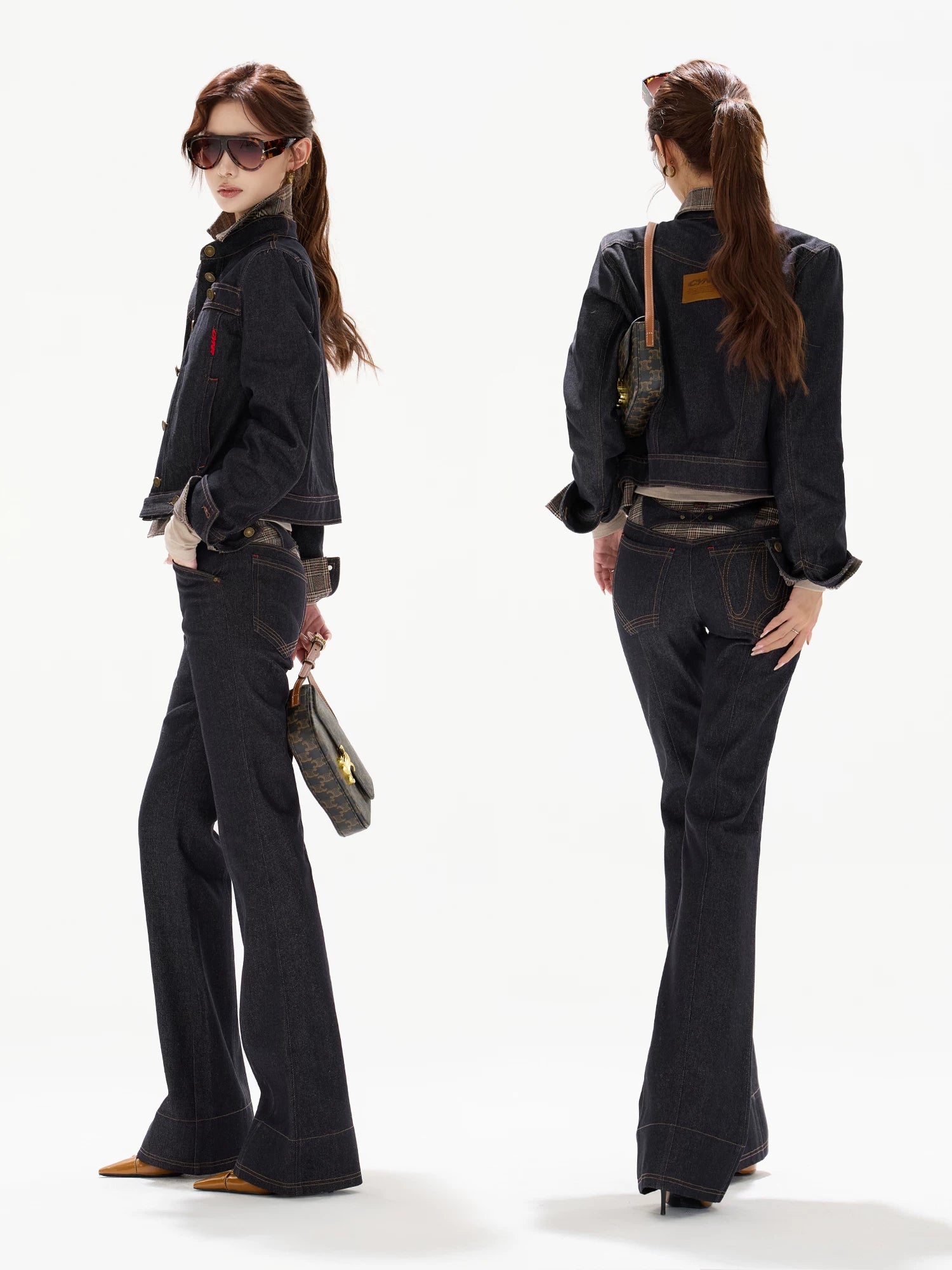Plaid Mid-Rise Flared Wide-Leg Jeans