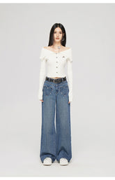 Heart-shaped Pocket Wide Leg Jeans - CHINASQUAD