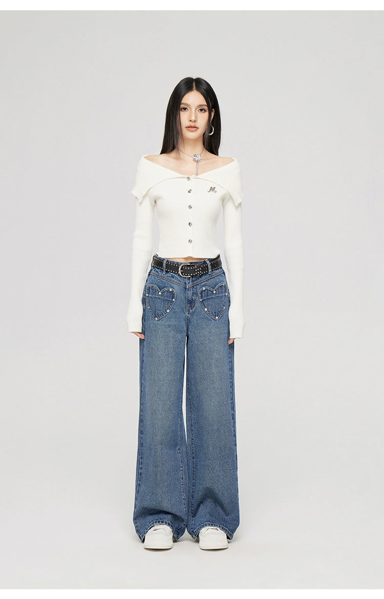 Heart-shaped Pocket Wide Leg Jeans - CHINASQUAD