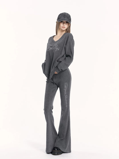 V-Neck Sweatshirt &amp; Flared Pants Set