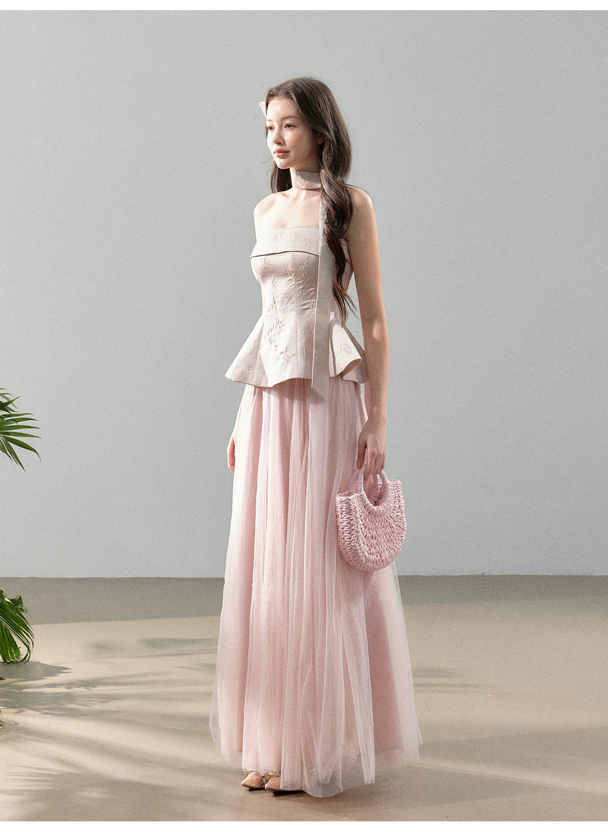Floral Jacquard Corset Top &amp; Sheer Mesh Skirt Set