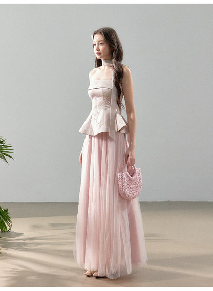 Floral Jacquard Corset Top &amp; Sheer Mesh Skirt Set