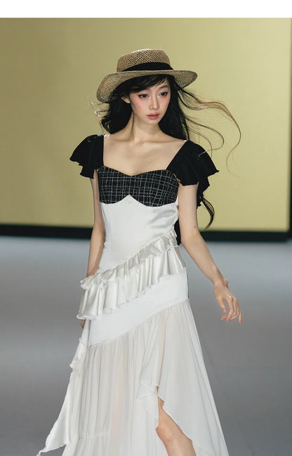 Contrast Tweed Satin Patchwork Maxi Dress