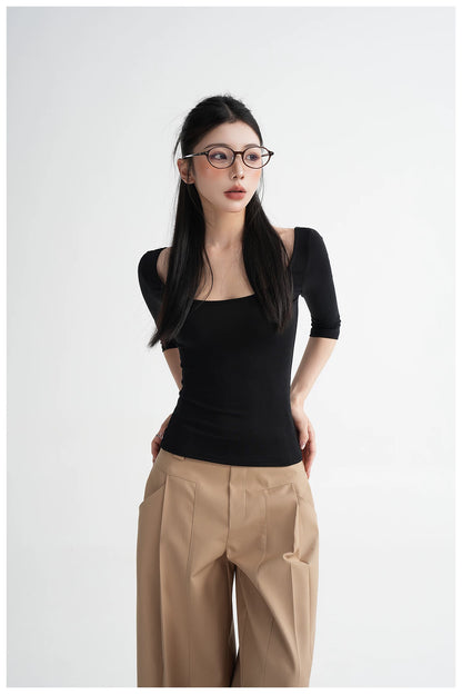 Lyocell Open-Back Fitted Mid-Sleeve T-Shirt