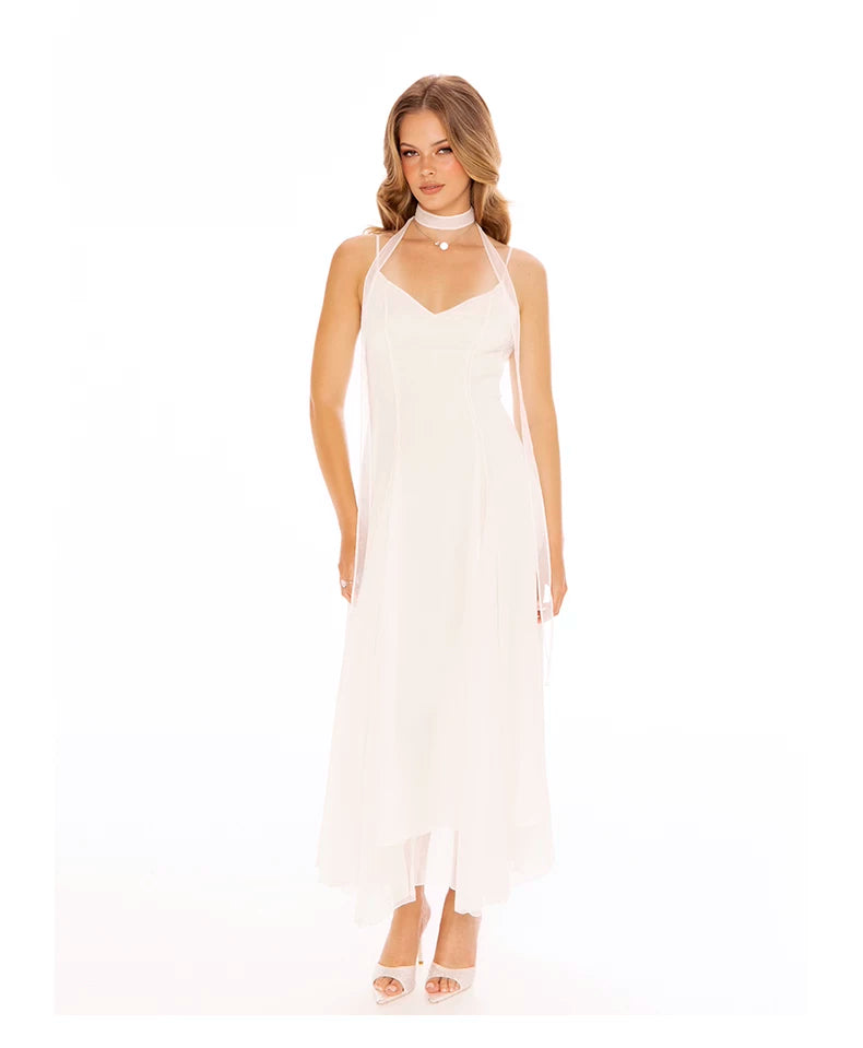 Sheer Bow-Detail Draped Maxi Dress