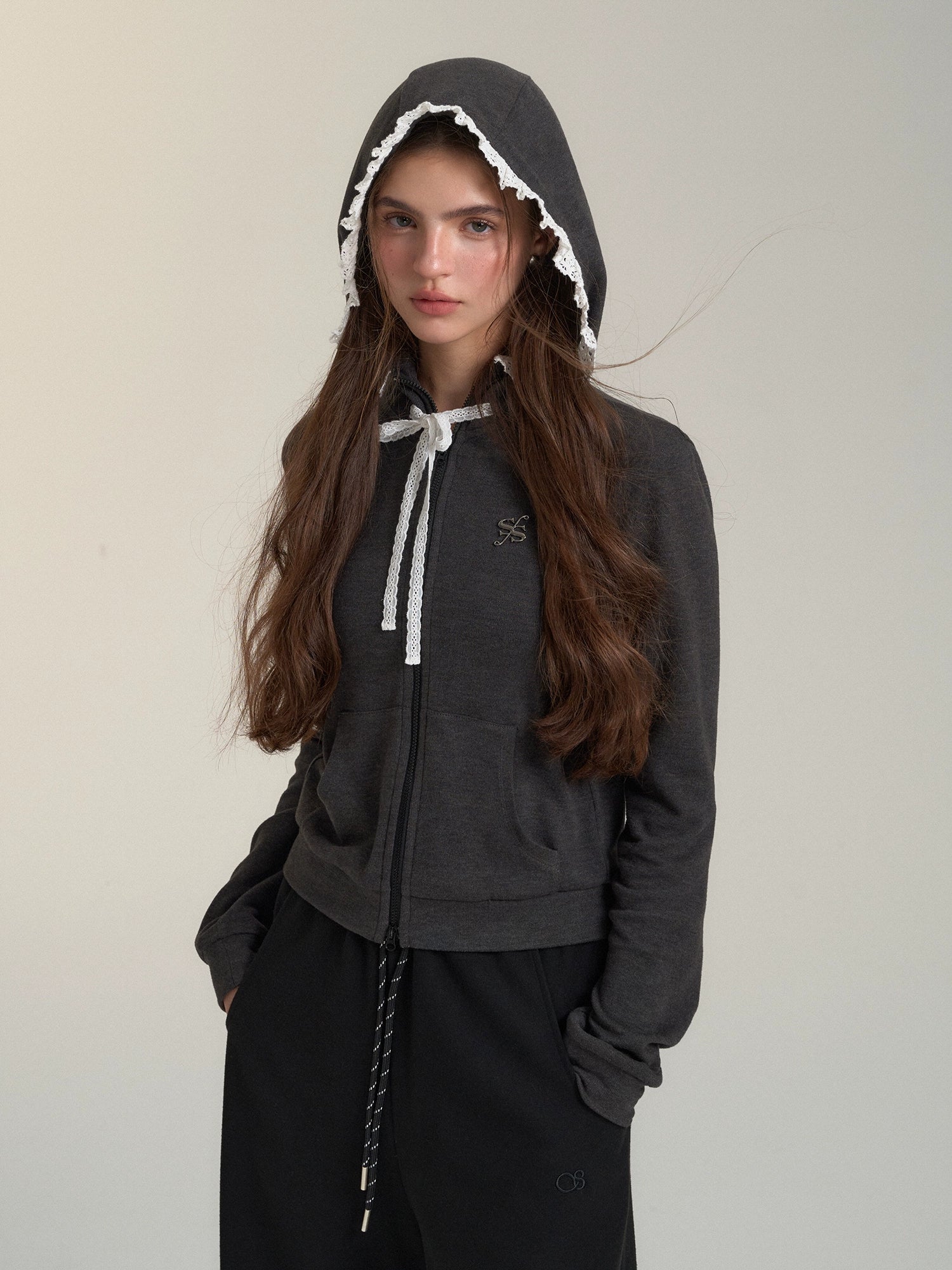 Lace Trim Tie Double Zipper Hoodie