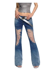 Blue Mesh Patchwork Low-Rise Flared Pants - CHINASQUAD