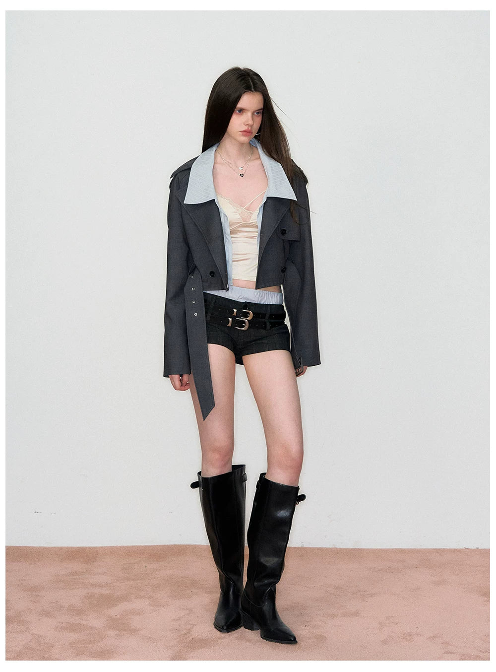 Double-Waist Checkered Tailored Shorts