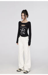 Black & White Star Printed Wide-Leg Jeans - CHINASQUAD