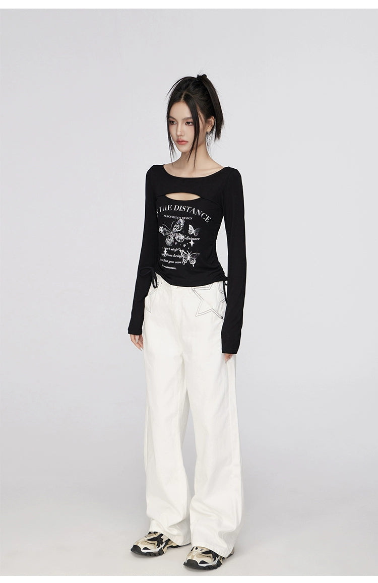 Black &amp; White Star Printed Wide-Leg Jeans - CHINASQUAD