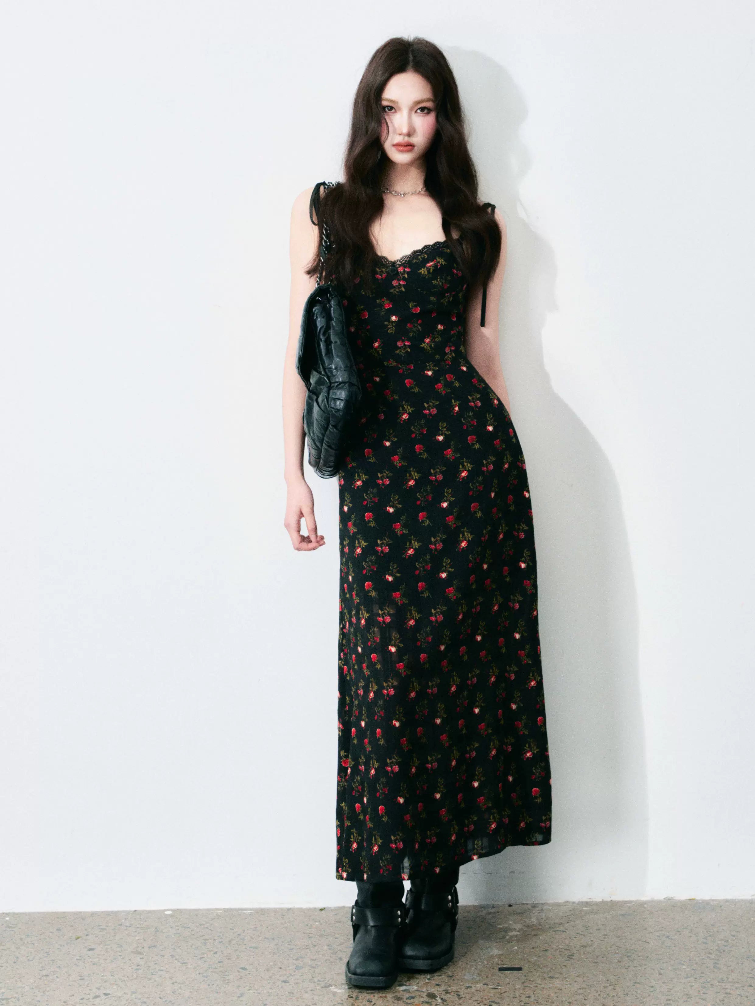 Vintage Floral Tie-Waist A-Line Maxi Dress