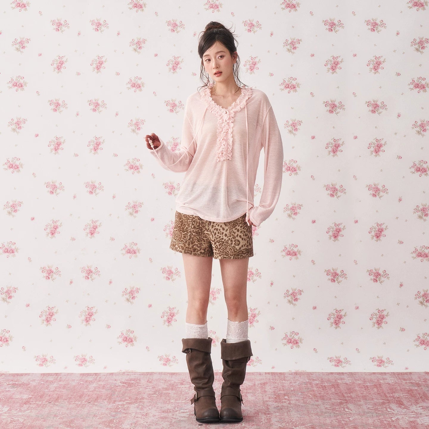 Ruffle Drawstring Sheer Knit Sun-Protective Long Sleeve Top