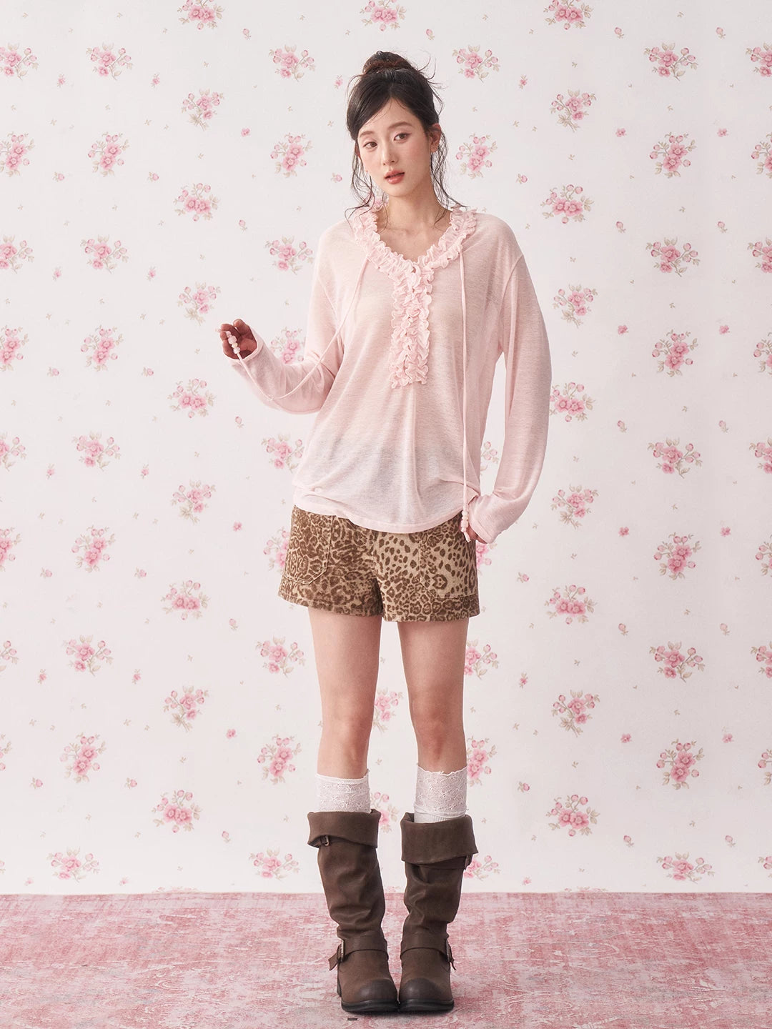Ruffle Drawstring Sheer Knit Sun-Protective Long Sleeve Top