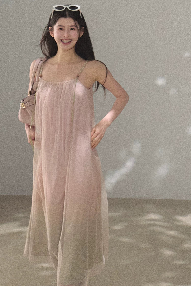 Pink Sand Layered Tulle Camisole Maxi Dress