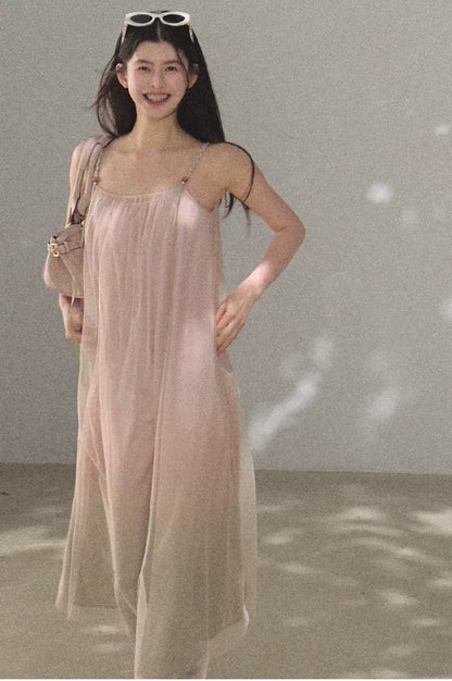 Pink Sand Layered Tulle Camisole Maxi Dress