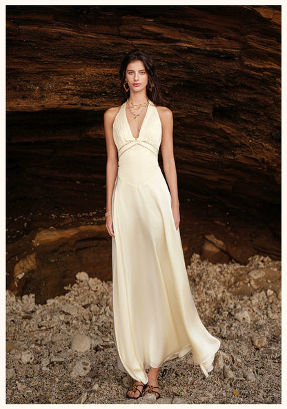 Halter V-Neck Cut-Out Printed Maxi Dress