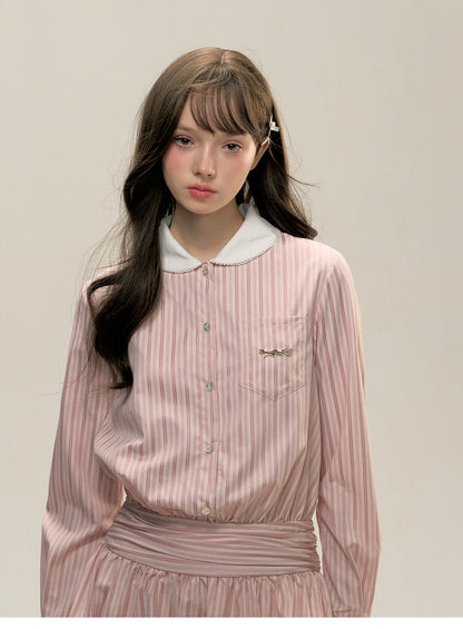 Pink Striped Bow-tie Collar Dress