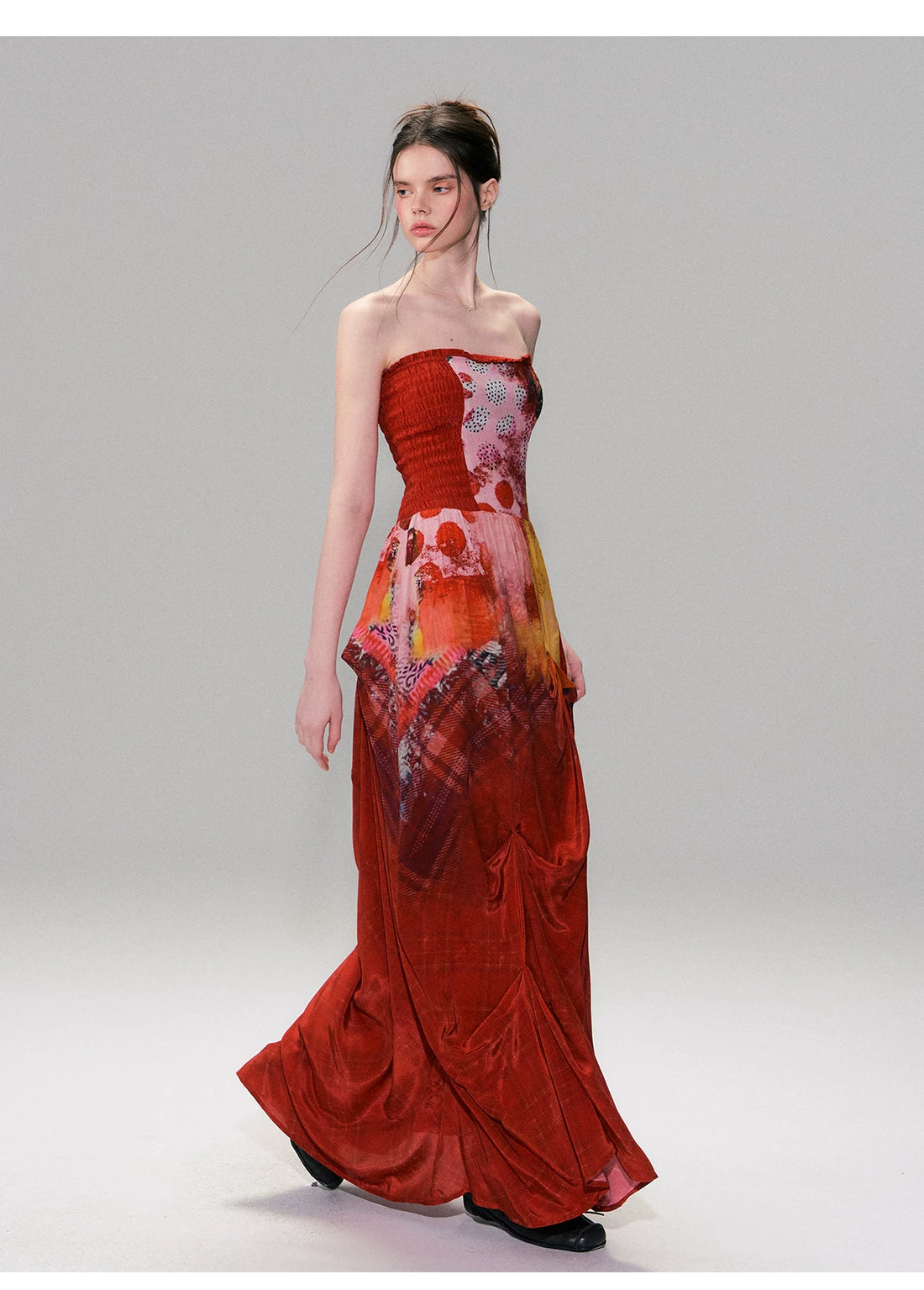 Vintage Red Strapless Printed Maxi Dress