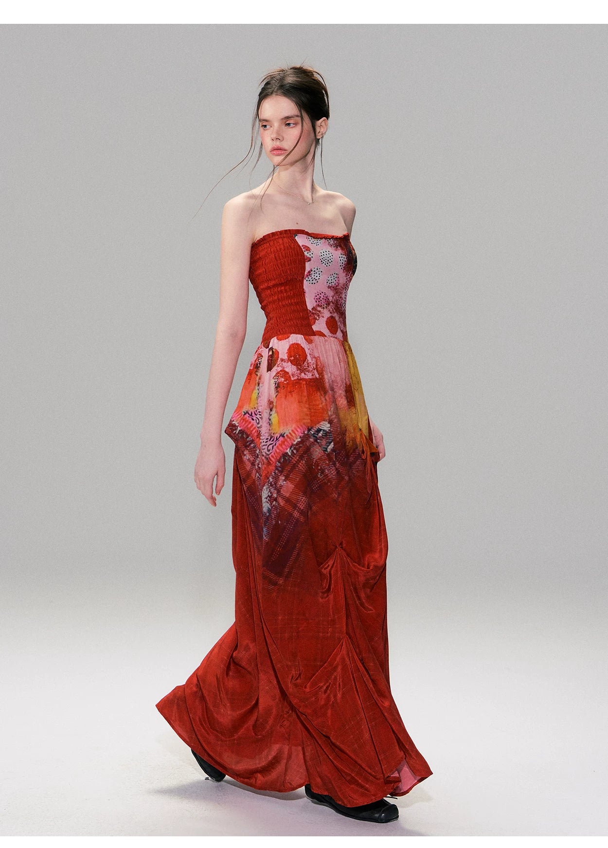 Vintage Red Strapless Printed Maxi Dress