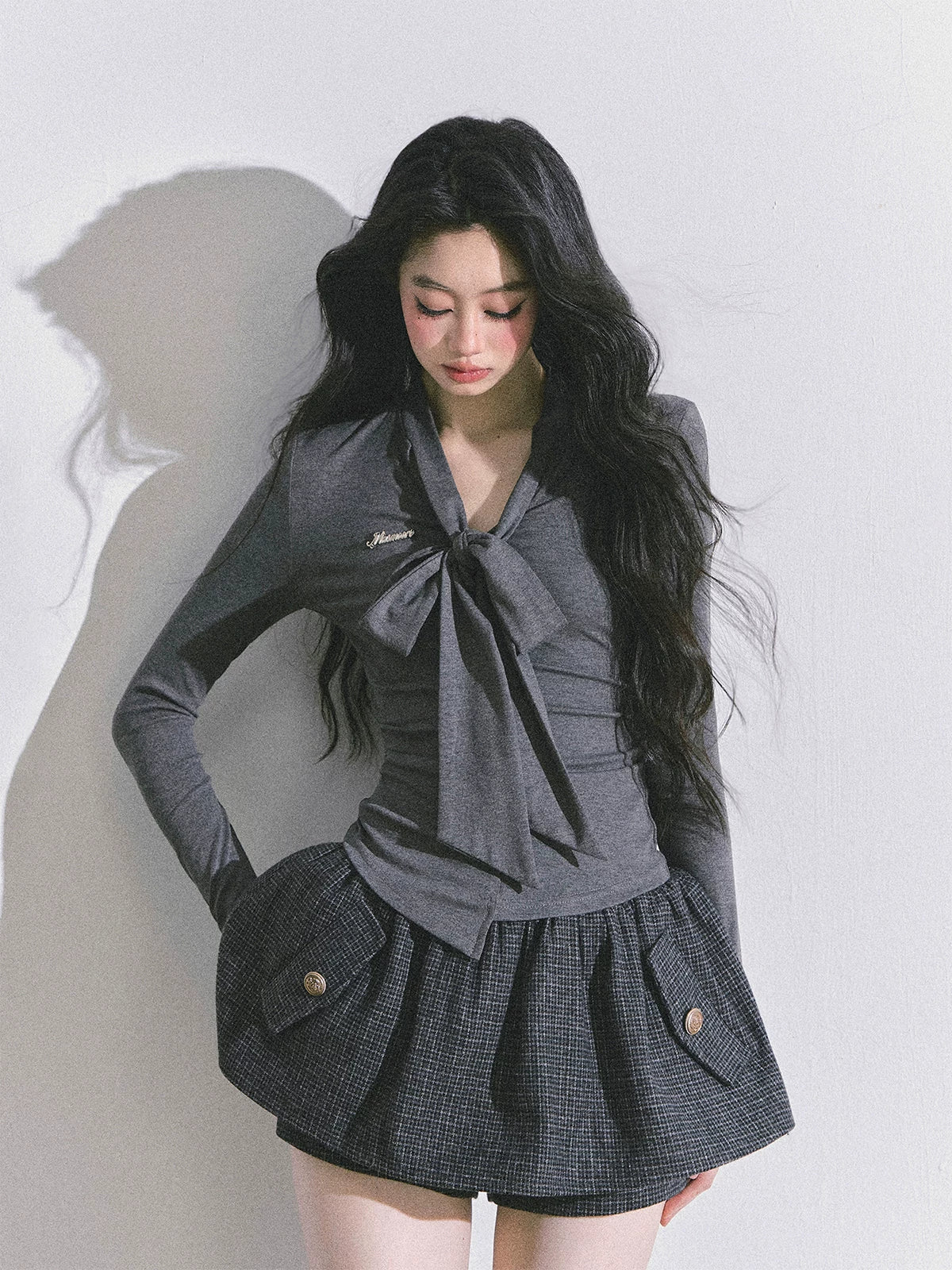 Minimal Korean V-Neck Long-Sleeve T-Shirt