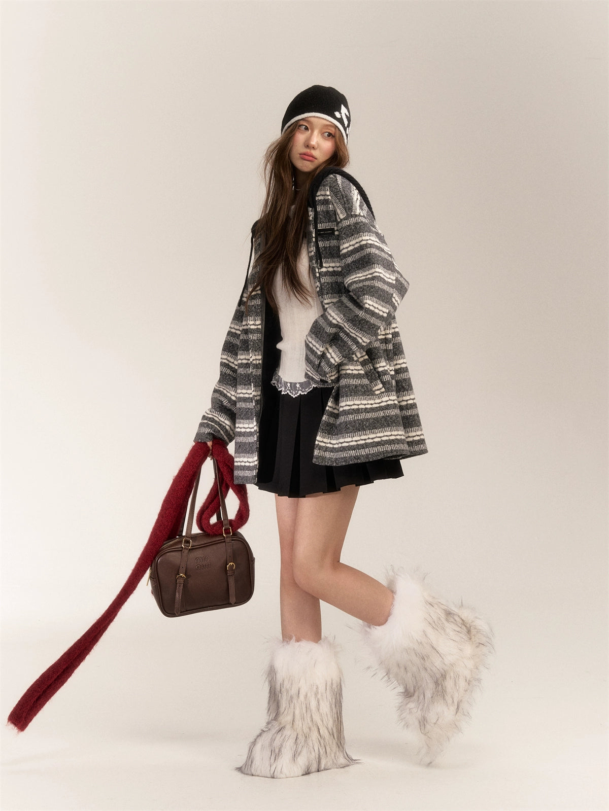 Striped Silver Fox Fur Hoodie Coat