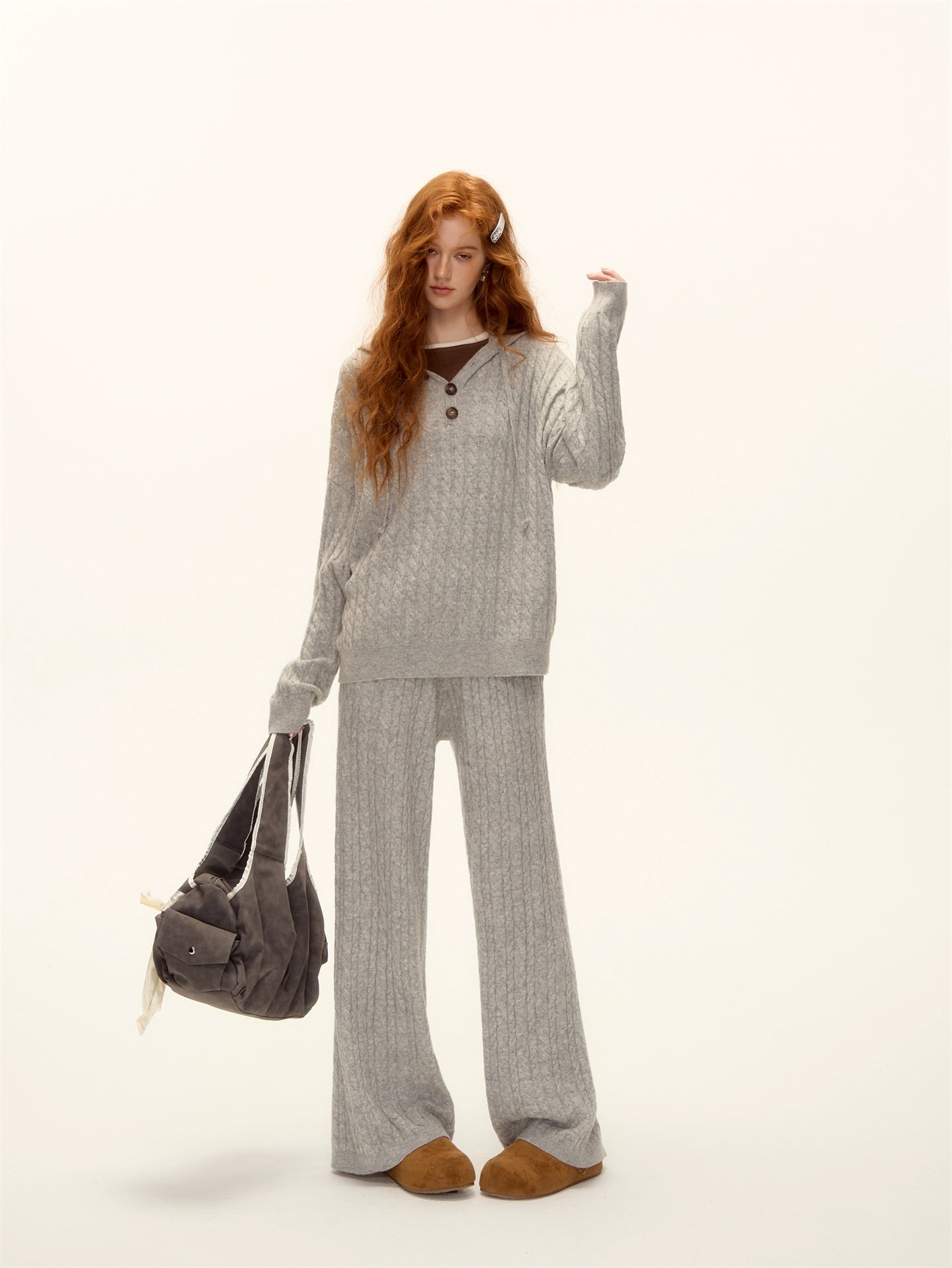Wool Blend Cable-Knit Hoodie &amp; Wide-Leg Pants Set