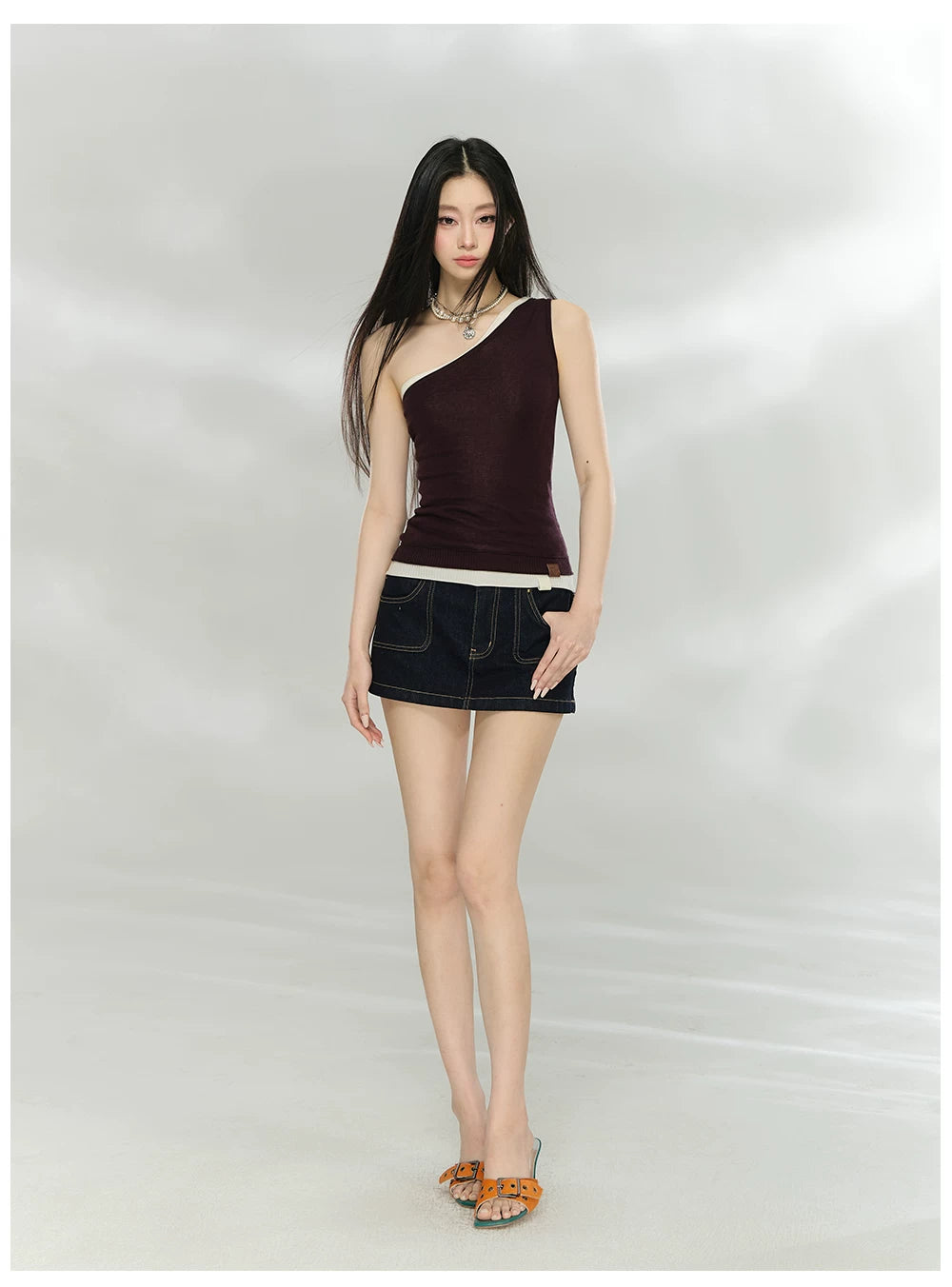 Asymmetric One-Shoulder Lyocell Blend Knit Tank Top
