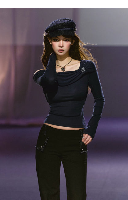 Asymmetric Ruched Embroidered Off-Shoulder Top