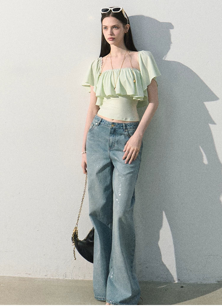 Mint Dream Shimmer Off-Shoulder T-Shirt
