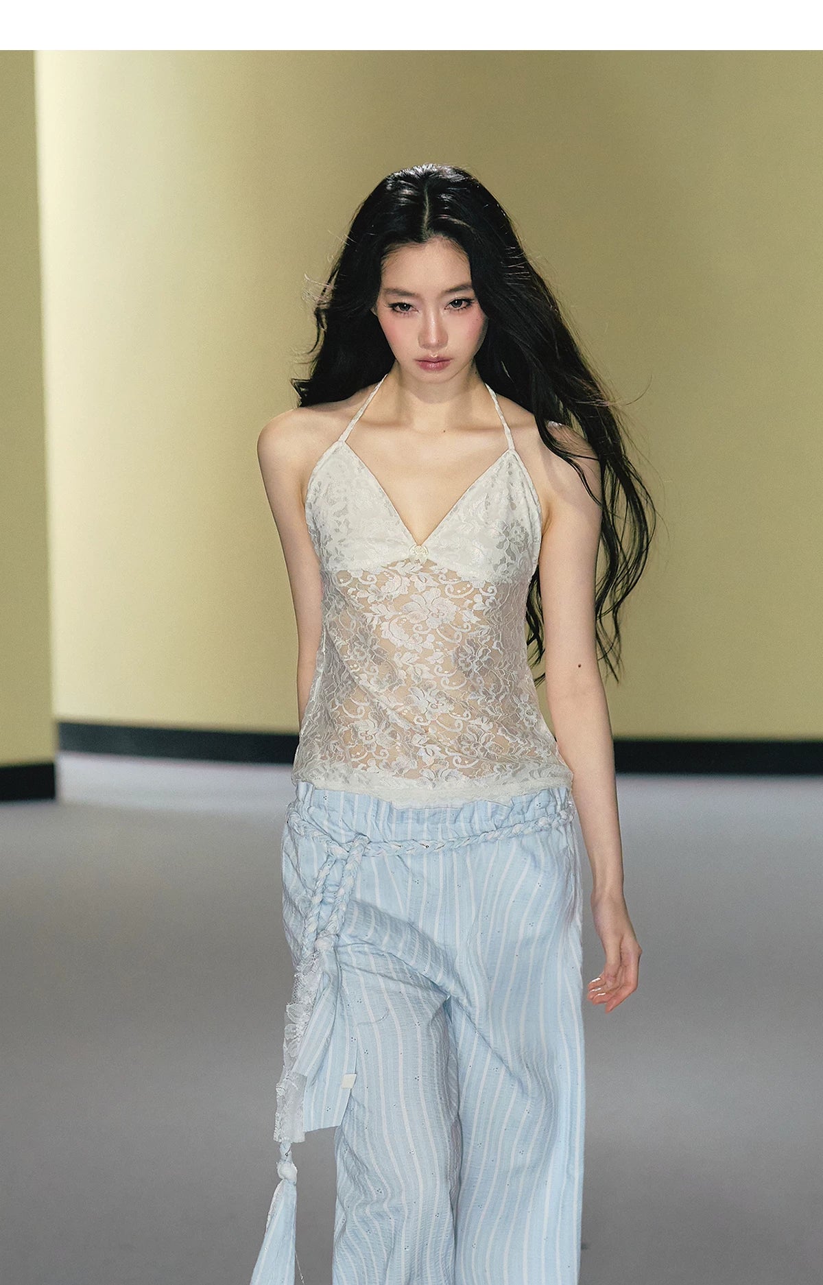Hand-Braided Drawstring Striped Wide-Leg Trousers