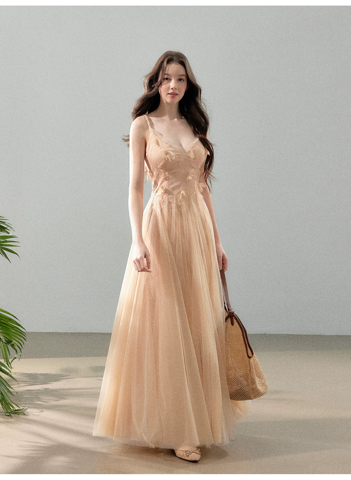 Peach Mist Floral Tulle Layered Slip Maxi Dress