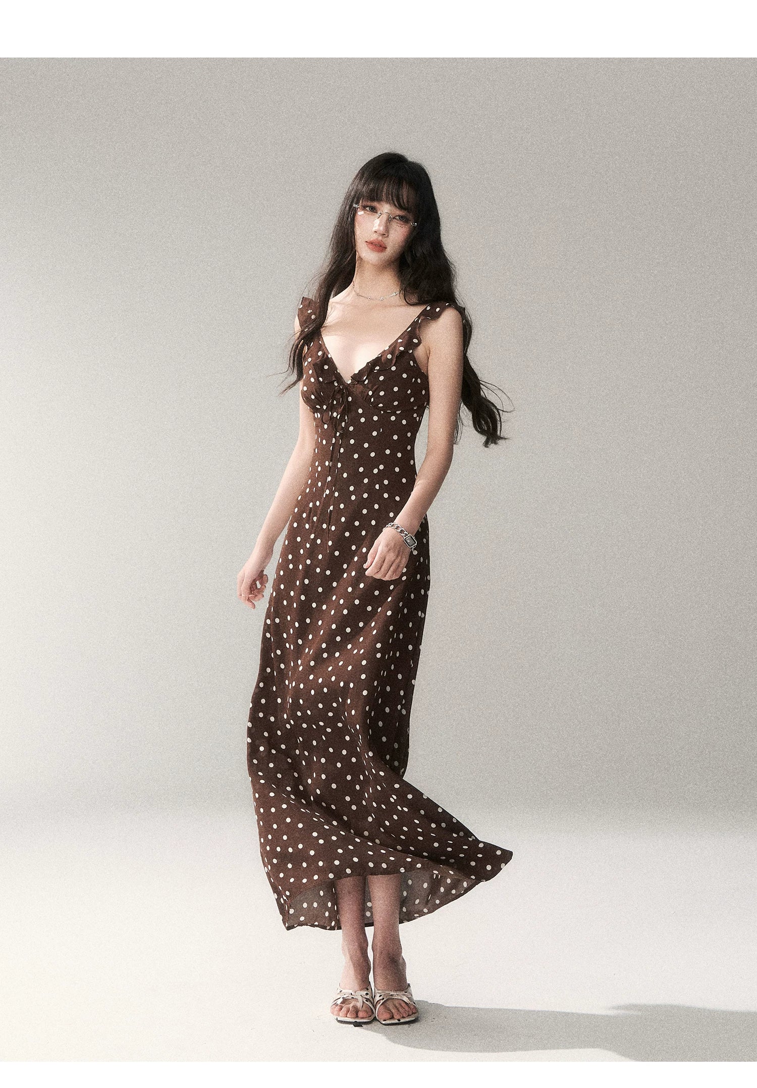 Chocolate Polka Dot French Slim-Fit Slip Maxi Dress