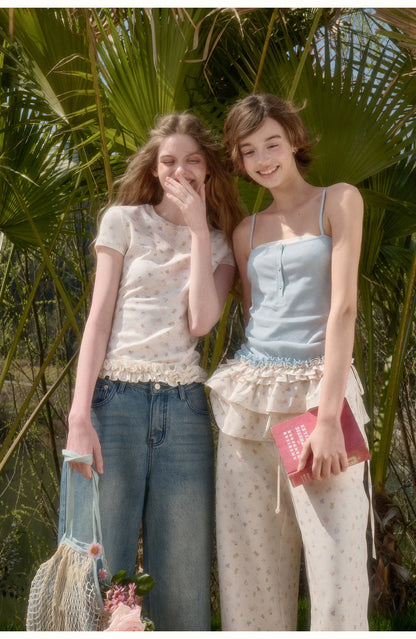 Bunny Garden Ruffle Trim Printed Camisole