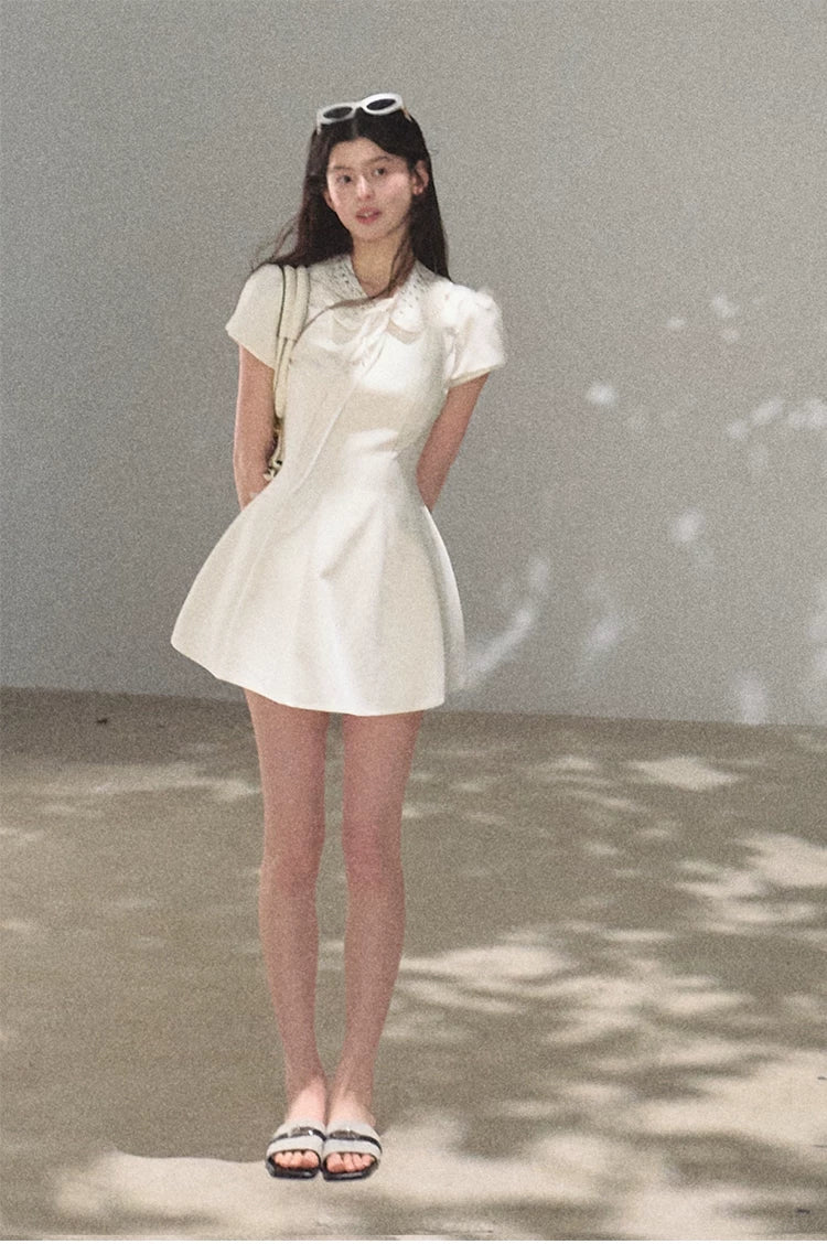 Detachable Crocheted Peter Pan Collar Cinched-Waist Mini Dress