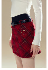 Red Vintage Plaid Woolen Skirt - CHINASQUAD