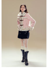 Pink Suede Butterfly Horn Button Shearling Coat - CHINASQUAD