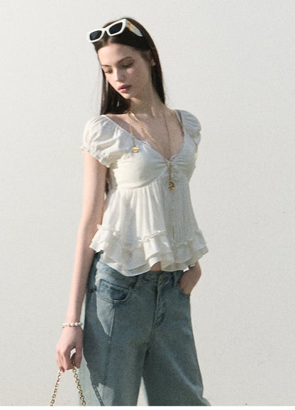 Ripple Romance Linen Blend Puff Sleeve Shirt